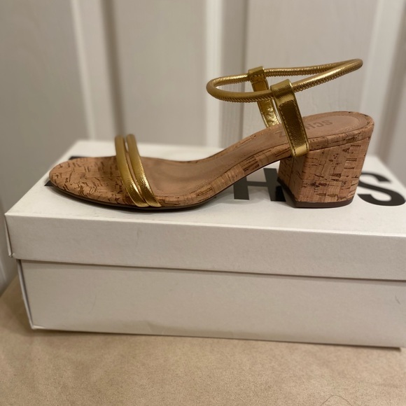 SCHUTZ Gimenez Mid Cork Heel Sandal Gold Size 7 New In Box - Picture 6 of 7